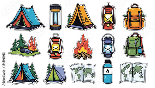 Illustration of camping equipment including tents lanterns backpacks campfires maps and a water bottle on white