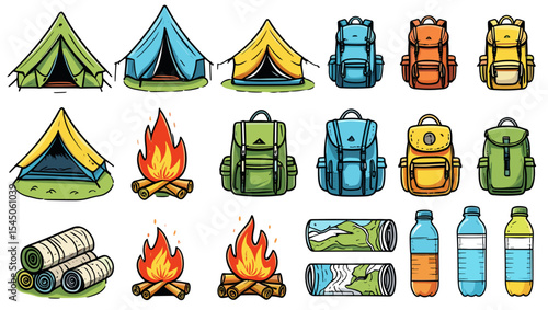 Illustration of various camping elements including tents backpacks campfires water bottles and bed rolls
