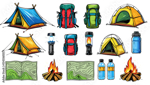 Illustration showing camping equipment including tents backpacks maps water bottles and campfires neatly arranged