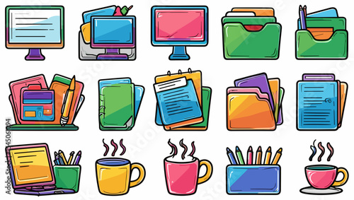 Illustration of various office supplies including monitors files notebooks pens and coffee mugs in bright colors