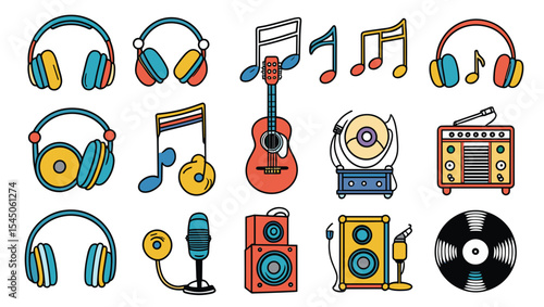 Illustration of various music related items including headphones guitar speakers and musical notes art