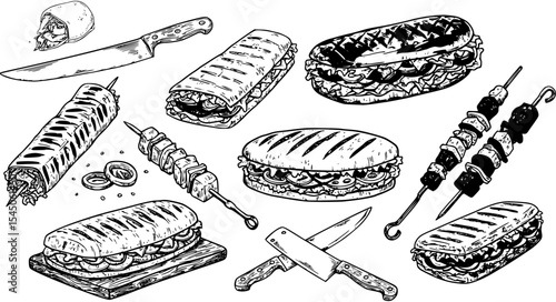 Doner Kebab set isolated on white background. Meat knives, kebab, shawarma, kebab sandwich. Shashlik on skewer. Kebab vintage design element for restaurant menu, logo, poster. Vector illustration