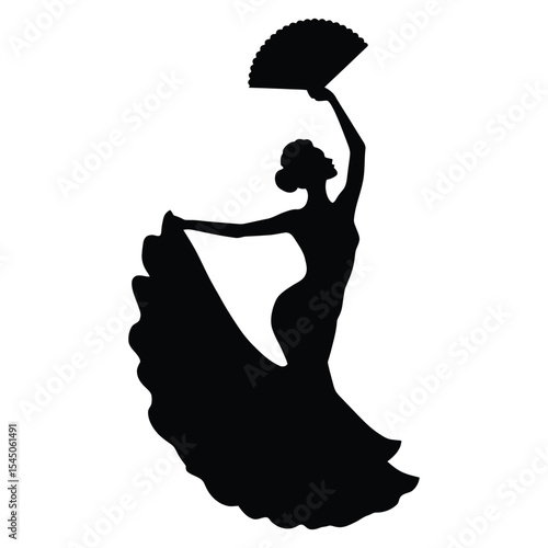 woman in Flamenco fan dance pose, A captivating black silhouette of a flamenco dancer, elegantly poised while holding a traditional fan.