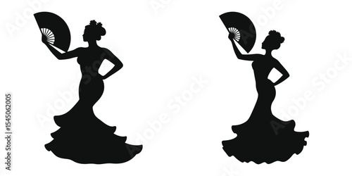 woman in Flamenco fan dance pose, Elegant black silhouettes of two women performing flamenco, each holding a traditional fan.