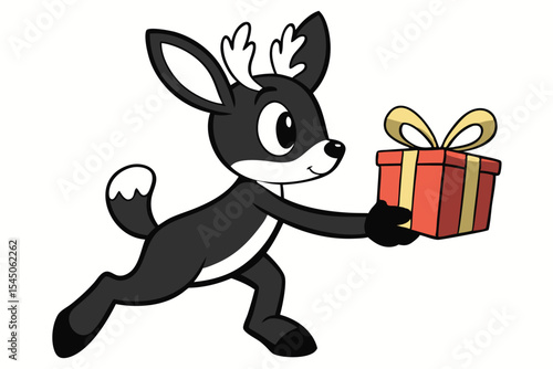 Cartoon stylized reindeer merrily carries a red gift box, extending the present with good cheer