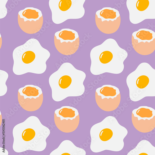 Fried egg and Soft Boiled Egg with runny yolk Seamless Pattern on Lavender Background Breakfast Fond
