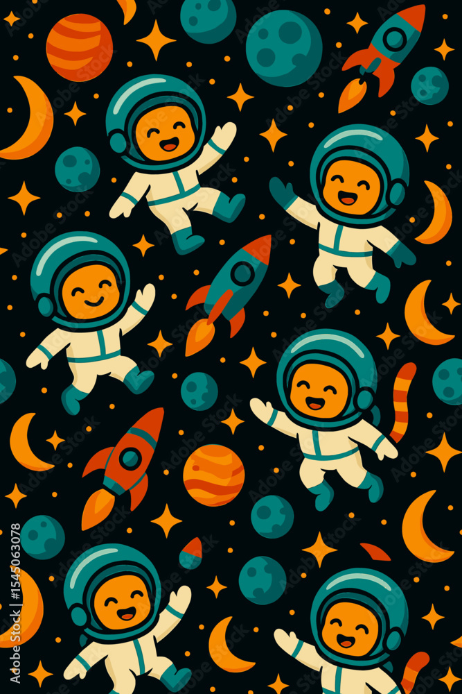 Naklejka premium Space Adventure Seamless Pattern with Astronauts and Planets