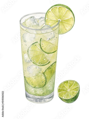 Wallpaper Mural Refreshing lime cocktail in tall glass with ice, watercolor illustration Torontodigital.ca