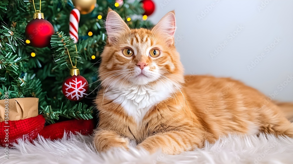 Playful cat relaxing near christmas tree cozy home pet photography festive environment close-up view holiday cheer Playful cat relaxing near christmas tree cozy home pet photography festive environment close-up view holiday cheer