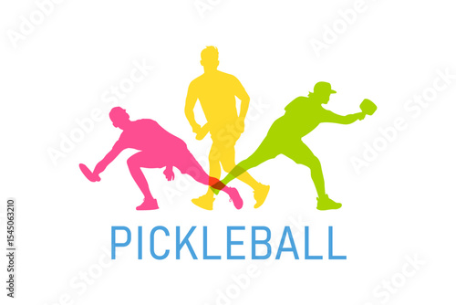 Vibrant Men's Pickleball Illustration in Bright Colors, colorful vector editable pickleball player poses for any graphic background