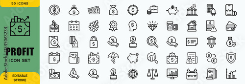 Financial profit line icon set. Containing Money income, money savings, earnings, money, cash, investment, financial growth and more. Editable stroke. Vector illustration