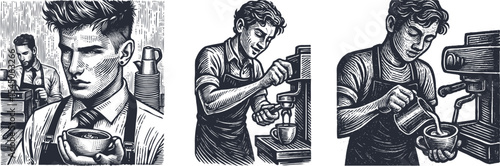 Young barista making coffee with passion in vintage café scene – woodcut brush engraving texture style, grain illustration, retro postal stamp card for print and craft design