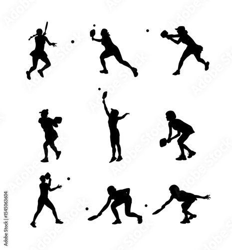 Female Pickleball Player Silhouettes � 9 Sporty Vector Poses, Dynamic Set of Women�s Pickleball Action Silhouettes for Creative Use