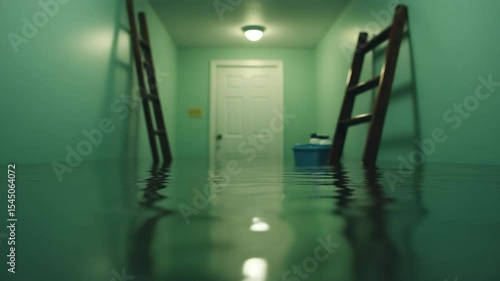 Flooded basement hallway with ladders