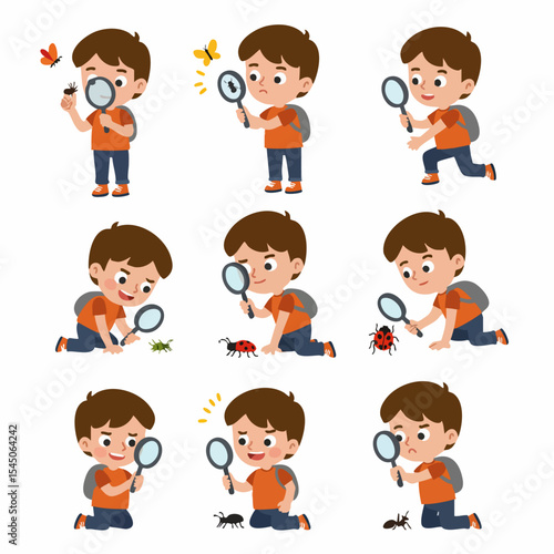 Curious Explorer: A charming cartoon boy embarks on a captivating journey of discovery, peering through a magnifying glass at a variety of tiny insects.