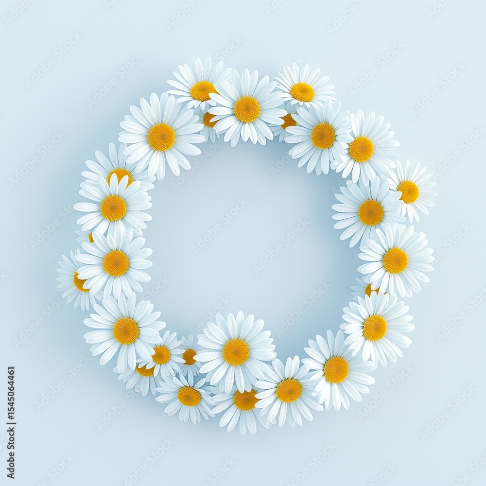 Fototapeta premium Pastel Blue Background Daisies Circle Wreath Floral Design Element chamomile flowers
