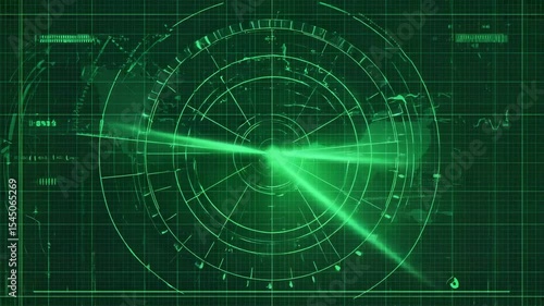 High-tech green radar screen animation scanning a global grid for objects, targets, or activity in a futuristic interface design.