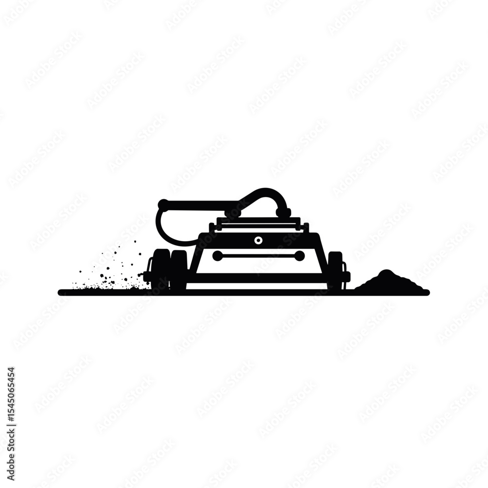 Silhouette of floor sander in operation with debris trail, symbolizing surface refinement, construction effort, and the imprint of transformation Silhouette of floor sander in operation with debris trail, symbolizing surface refinement, construction effort, and the imprint of transformation