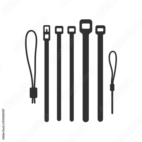 Silhouette row of six cable ties with varied locking designs, symbolizing fastening diversity, construction material handling, and systemic control approaches