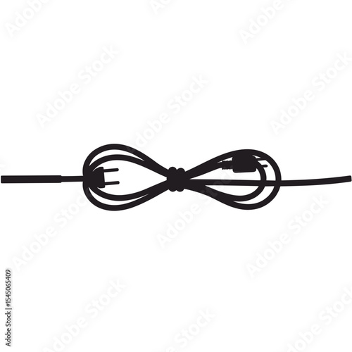 Silhouette of power cord looped into bow shape, ending with two plugs, symbolizing incompatible energy design, illusory connection, and structural contradiction in construction context