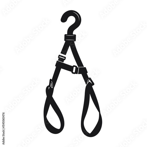 Hanging black suspension straps with metal adjusters are shown in a simple studio shot, useful for fitness instruction, physiotherapy, or bodyweight exercise equipment.
