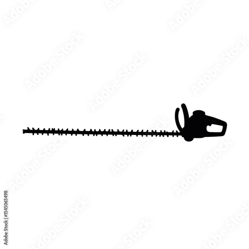 A hedge trimmer in silhouette lays horizontally centered on a white background for lawn care advertising, design layouts or as a thematic element with copy space.