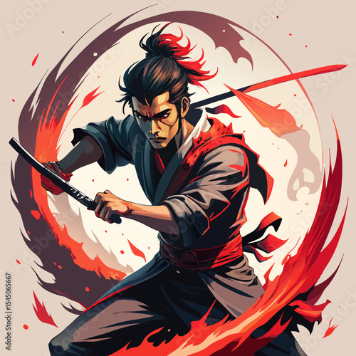 Illustration of a samurai warrior wielding two swords
