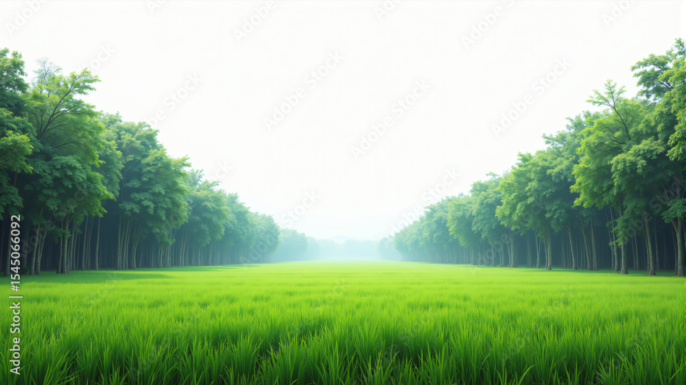 Fototapeta premium Serene Green Landscape with Lush Trees and Open Field
