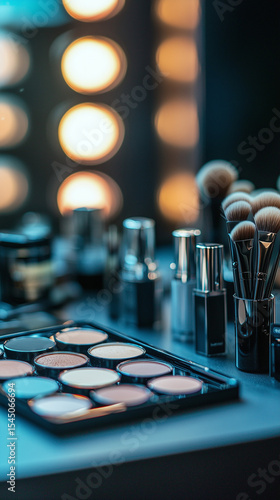 Different makeup tools like brushes, cosmetics, eye pallet
