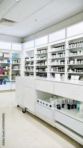Brightly lit pharmacy interior featuring rows of shelves stocked with various medications and healthcare products for sale.