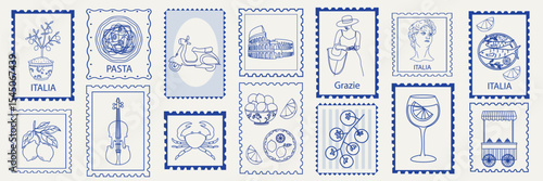 Hand drawn Italy postcard stamps. Italian travel elements. Vector doodle sketch illustration. Retro Italy sea vacation
