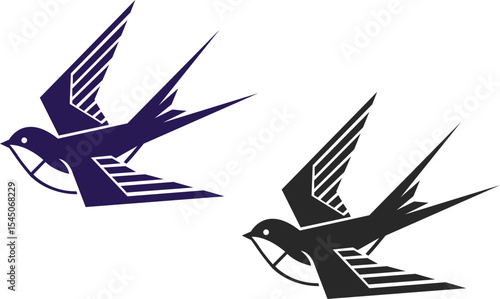 Two swallow icons in a combined style with rounded shapes and straight sharp wings and tail, swallow icon in the form of a silhouette in black color.