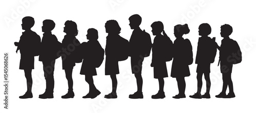 School Children with Backpacks Standing in Line Silhouette