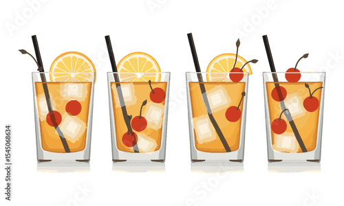 Modern vector illustration of cocktail glasses evenly spaced in a horizontal layout, lemon slices, maraschino cherries, and foam in short glasses
