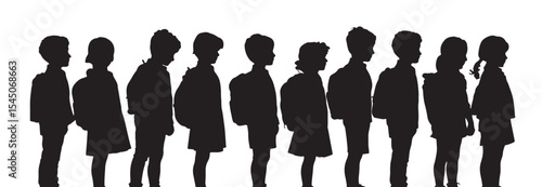 Group of School Students with Backpacks in a Row Silhouette
