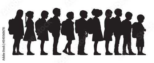 Schoolchildren with Backpacks Waiting in Line Silhouette