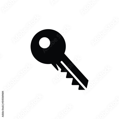 Simple black silhouette of a key icon with circular head and jagged teeth on white background symbolizing security, access, and privacy