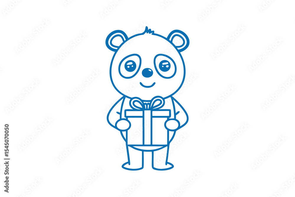 Fototapeta premium A cute blue panda outline holds a gift box smiling happily in monochrome art