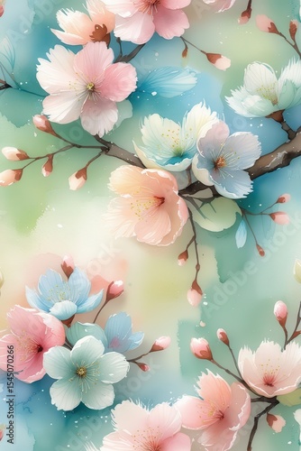 Watercolor Cherry Blossom Branch, Pastel Floral Seamless Pattern