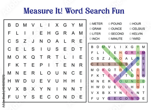 Fun Measurement Word Search Puzzle with Units of Measure and Highlighted Answers for Educational Activities