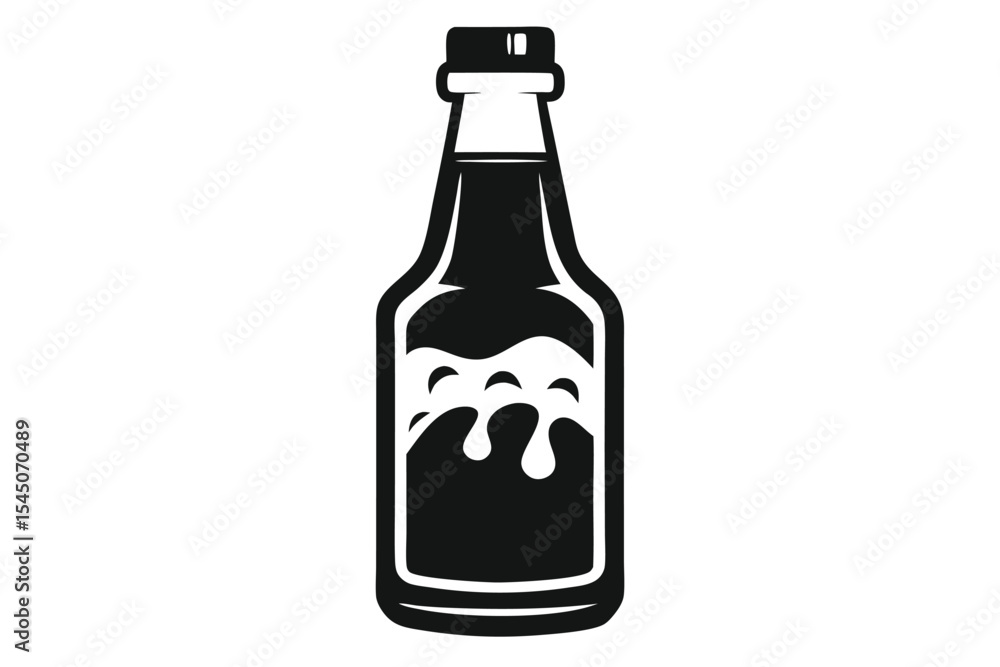 Black Bottle Silhouette with Liquid Pouring, Design Element for Beverage Labels Black Bottle Silhouette with Liquid Pouring, Design Element for Beverage Labels