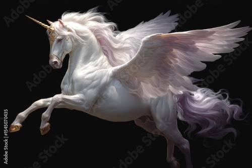 Majestic winged unicorn leaps gracefully through an ethereal landscape filled with magic and wonder