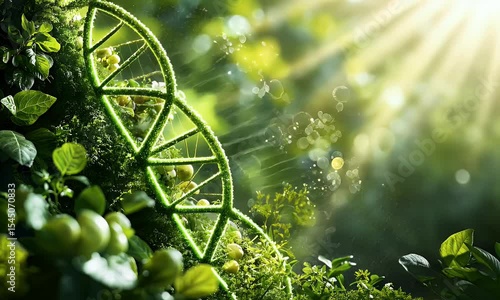 DNA helix in a lush green forest environment