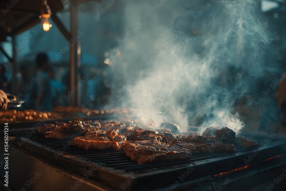 Grilled meat sizzling on an outdoor grill. Grilled meat sizzling on an outdoor grill.