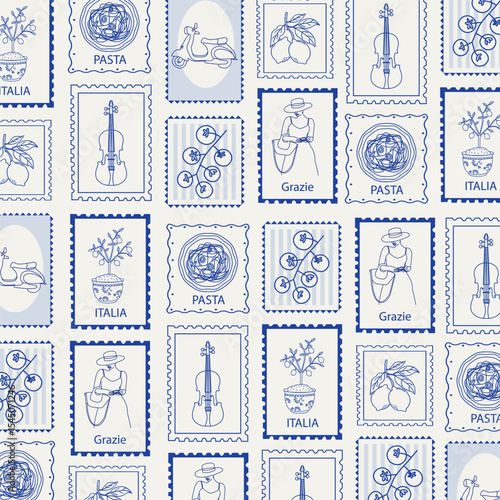 Seamless Mediterranean pattern with Italy vacation doodles in frames. Vintage coastal design for kitchen textiles, packaging, and beach decor.