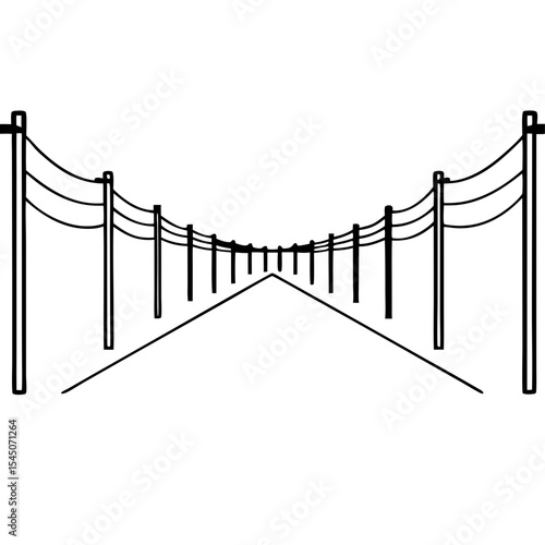 Power lines stretching into distance. Line art illustration shows electric poles and wires receding to vanishing point.