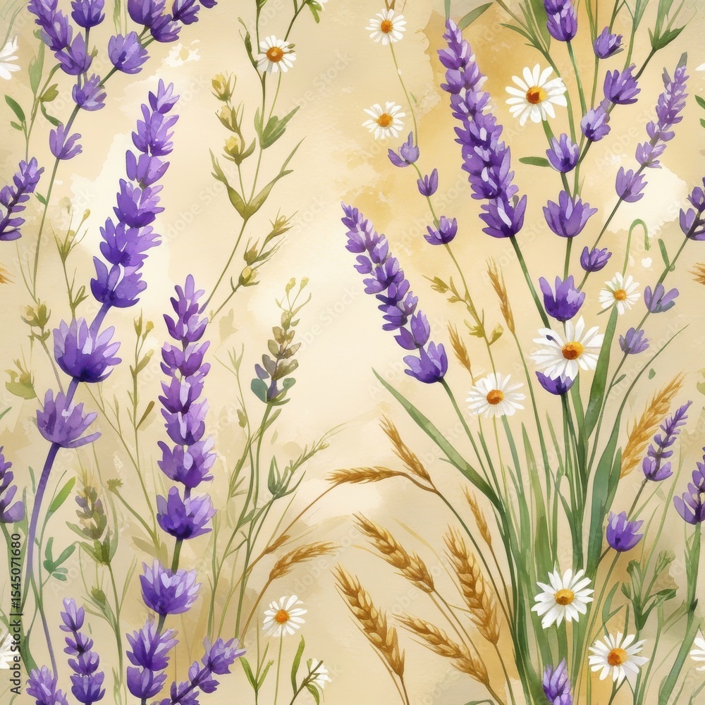 Naklejka premium Watercolor Floral Background: Lavender, Daisies, Wheat, Nature Texture