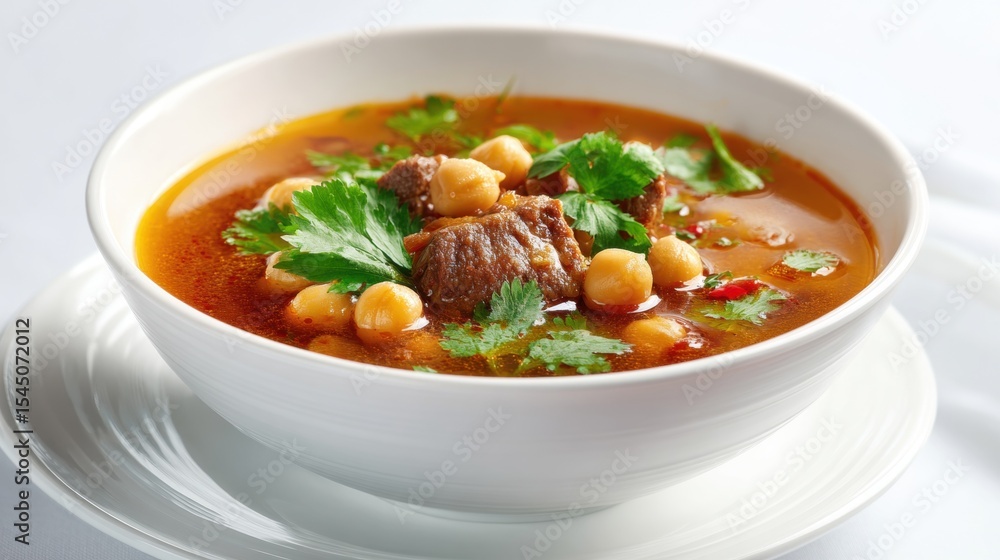 Hearty Chickpea and Beef Stew in White Bowl with Fresh Cilantro on White Background Hearty Chickpea and Beef Stew in White Bowl with Fresh Cilantro on White Background