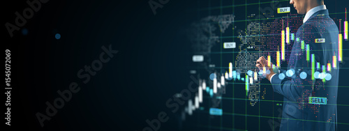 Businessman analyzing digital stock market chart with global financial data a...