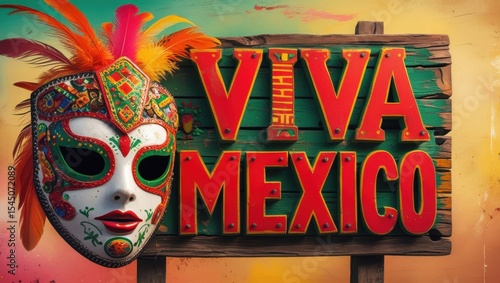 Viva Mexico Sign with Mask & Feathers: Mexican Fiesta Celebration